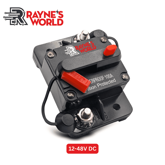 Rayne's World 100 Amp 12V-48V DC Waterproof Circuit Breaker Manual Reset - Car Stereo, RV, Solar Power, Automotive, Marine, Trolling Motor