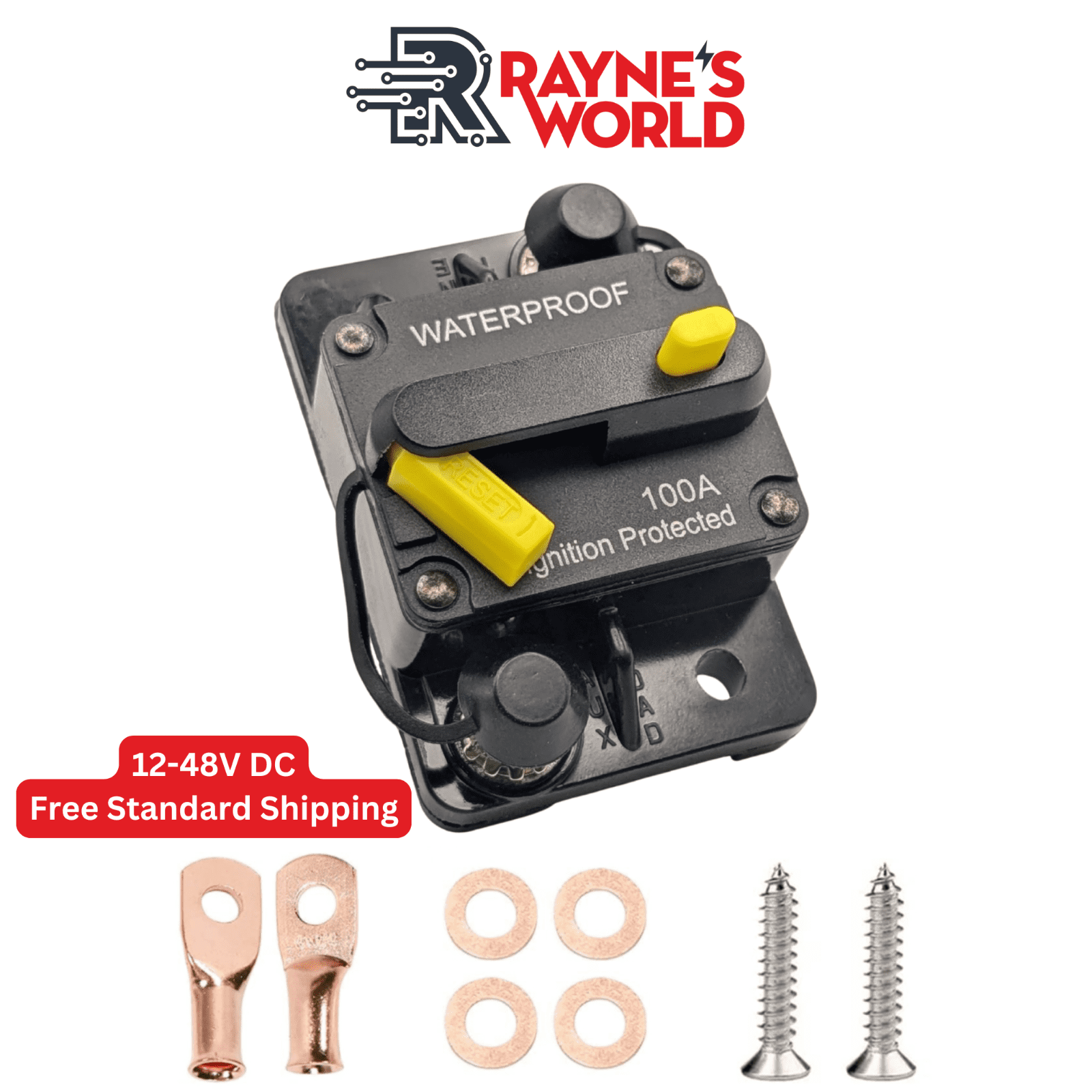 Rayne's World 100 Amp 12V48V DC Waterproof Yellow Circuit Breaker with