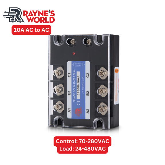 Rayne's World 10A AA (AC to AC) Solid State Relay Module, 3 Phase SSR, 70-280VAC Control, 24–480VAC Load, Panel Mount, Industrial Power Controller and Automation Switch