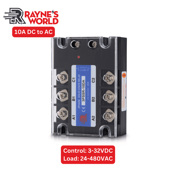 Rayne's World 10A DA (DC to AC) Solid State Relay Module, 3 Phase SSR, 3–32VDC Control, 24–480VAC Load, Panel Mount, Industrial Power Controller and Automation Switch