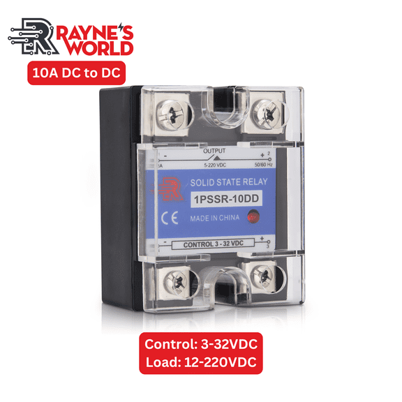 Rayne's World 10A DD (DC to DC) Solid State Relay Module, Single Phase SSR, 3–32VDC Control, 12-220VDC Load, Panel Mount, Industrial Automation Switch