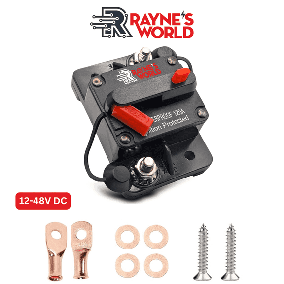 Rayne's World 120 Amp 12V-48V DC Waterproof Circuit Breaker with Connection Kit - Car Stereo, RV, Solar Power, Automotive, Marine, Trolling Motor