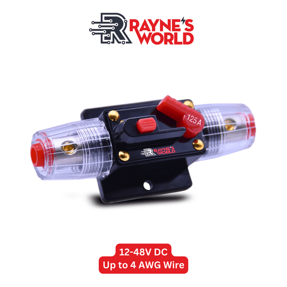 Rayne's World 125 Amp 12V-48V DC Inline Waterproof Circuit Breaker Manual Reset - Car Stereo, RV, Solar Power, Automotive, Marine, Trolling Motor