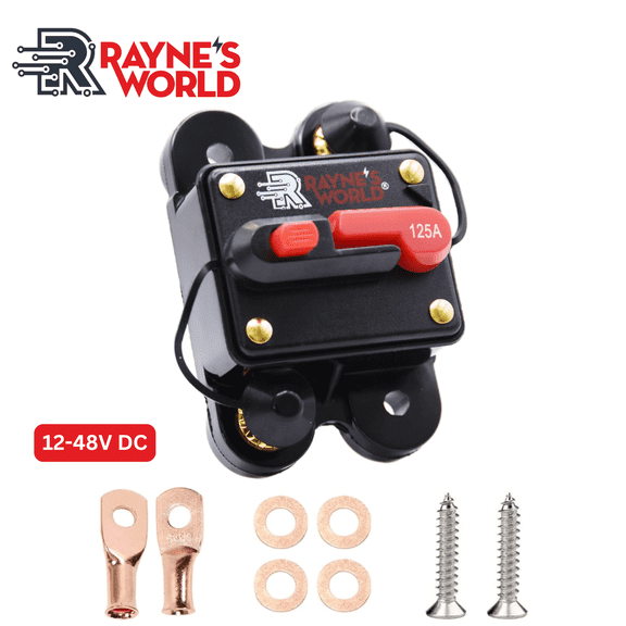 Rayne's World 125 Amp 12V-48V DC Waterproof Circuit Breaker with Connection Kit - Solar Power, Car Stereo, RV, Automotive, Marine, Trolling Motor