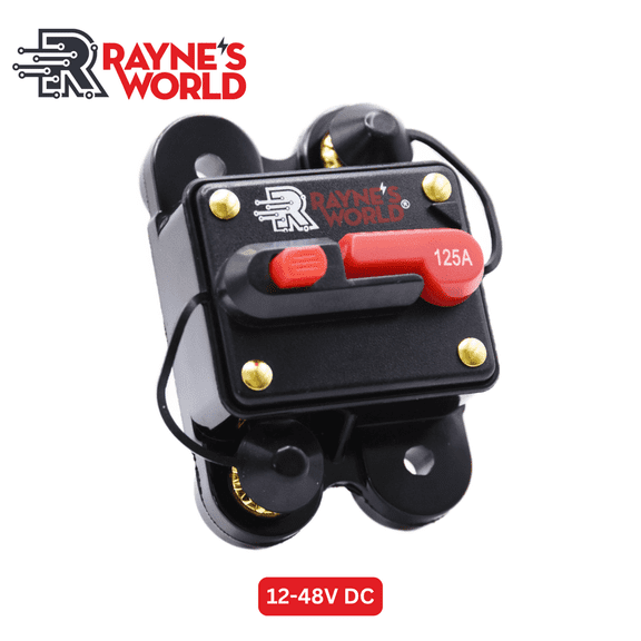 Rayne's World 125 Amp 12V-48V DC Waterproof Circuit Breaker with Manual Reset - Solar Power, Car Stereo, RV, Automotive, Marine, Trolling Motor