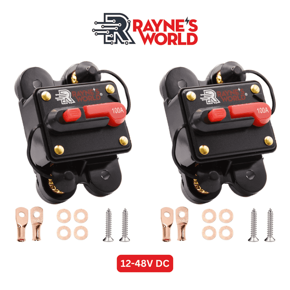 Rayne's World 100 Amp 12V-48V DC Waterproof Circuit with Connection Kit - Solar Power, Car Stereo, RV, Marine, Trolling Motor - 2 Pack