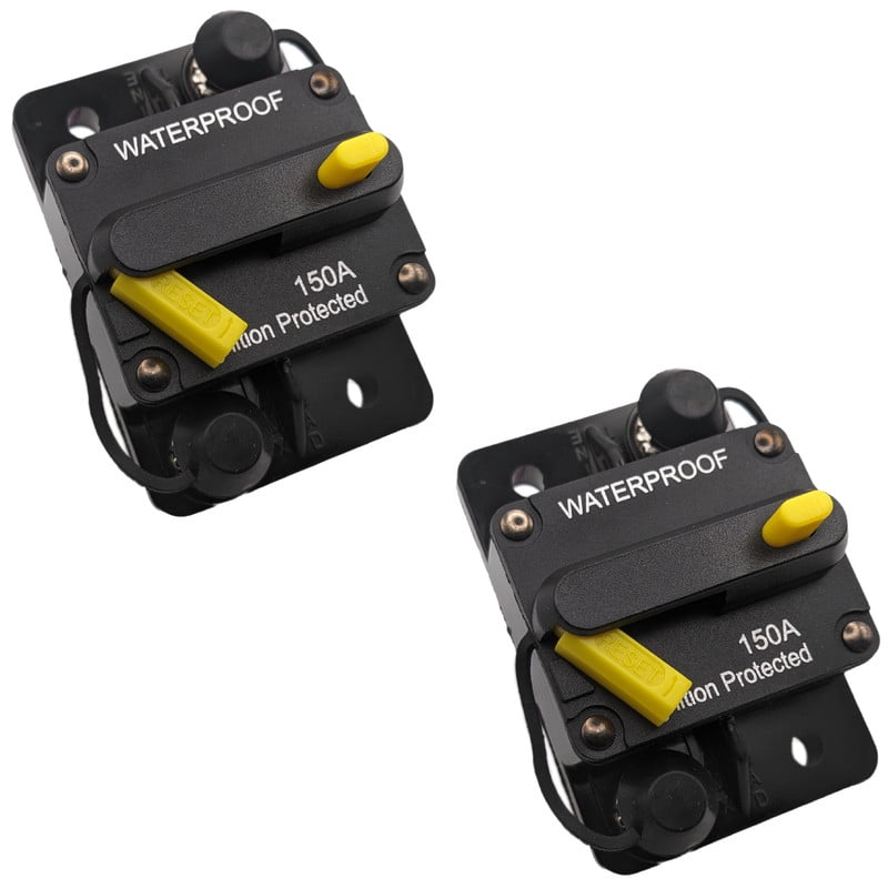 Rayne's World 2 PACK 150 Amp 12V-48V DC Waterproof Yellow Circuit Breaker Manual Reset - Great for Car Stereo, Solar Power Systems, Automotive, ATV, Marine, Boat Trolling Motors