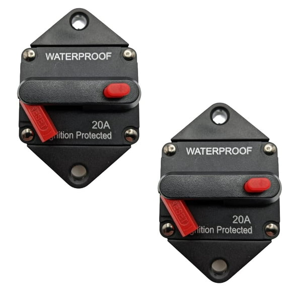 Rayne's World 2 PACK 20 Amp 12V-48V DC Waterproof Panel Mount Circuit Breaker Manual Reset - Great for Car Stereo, Solar Power Systems, Automotive, ATV, Marine, Boat Trolling Motors