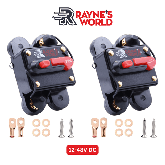Rayne's World 250 Amp 12V-48V DC Waterproof with Connection Kit - Solar Power, Car Stereo, RV, Marine, Trolling Motor - 2 Pack