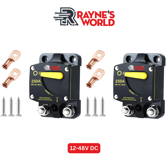 Rayne's World 250 Amp Heavy Duty Circuit Breaker DC 12-48V with Connection Kit - Car Audio, Truck, Trolling Motor, Stereo, RV, Solar Power - 2 Pack