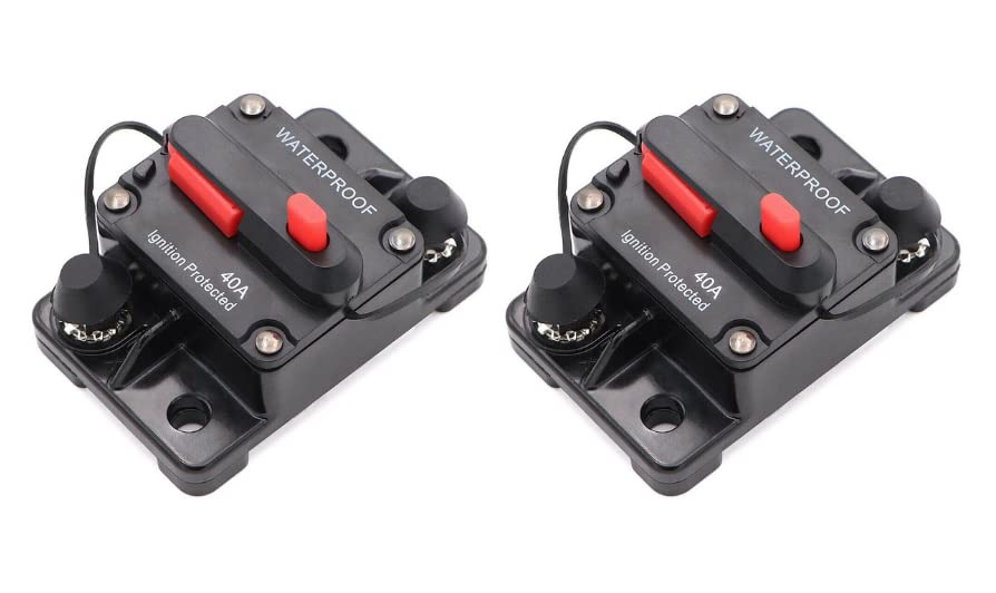 Rayne's World 2 PACK 40 Amp 12V-48V DC Waterproof Circuit Breaker Manual Reset - Great for Car Stereo, Solar Power Systems, Automotive, ATV, Marine, Boat Trolling Motors
