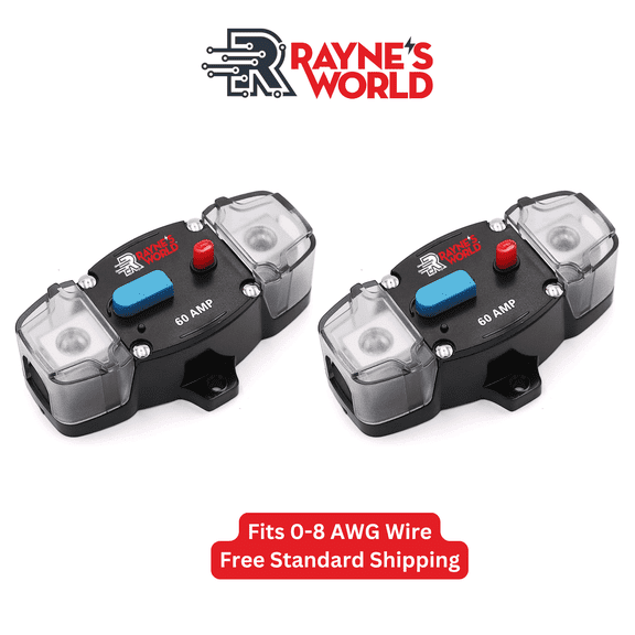 Rayne's World 2 PACK 60 Amp 12V-48V DC Inline Circuit Breaker with Covers & Manual Reset - Great for Car Audio/Stereo Systems, Solar Power Systems, Automotive, ATV, Marine, Boat Trolling Motors
