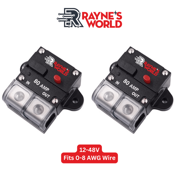 Rayne's World 2 PACK 80 Amp 12V-48V DC Inline Circuit Breaker with Dust Cover & Manual Reset - Great for Car Audio/Stereo Systems, Solar Power Systems, Automotive, ATV, Marine, Boat Trolling Motors