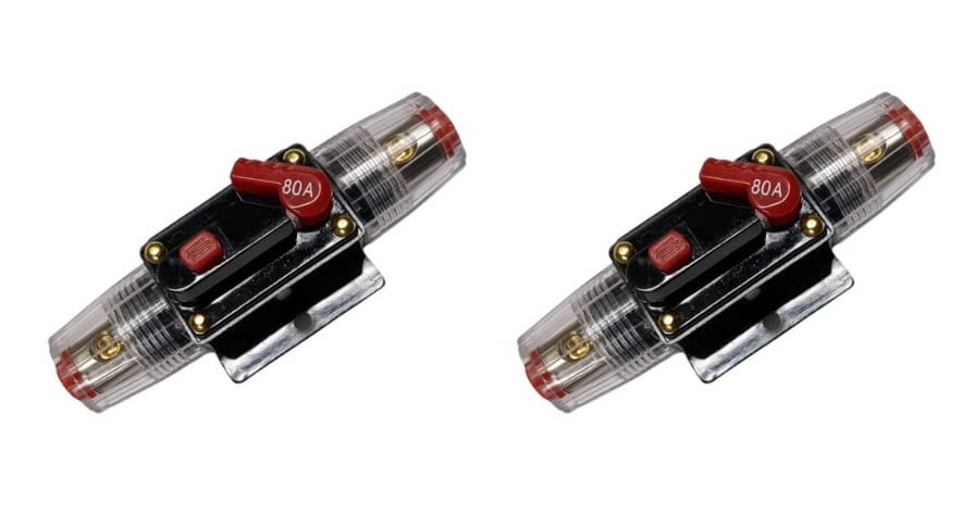 Rayne's World 2 PACK 80 Amp 12V-48V DC Inline Waterproof Circuit Breaker Manual Reset - Great for Car Stereo, Solar Power Systems, Automotive, ATV, Marine, Boat Trolling Motors