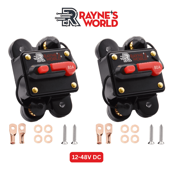 Rayne's World 80 Amp 12V-48V DC Waterproof Circuit Breaker with Connection Kit - Solar Power, Car Stereo, RV, Marine, Trolling Motor - 2 Pack