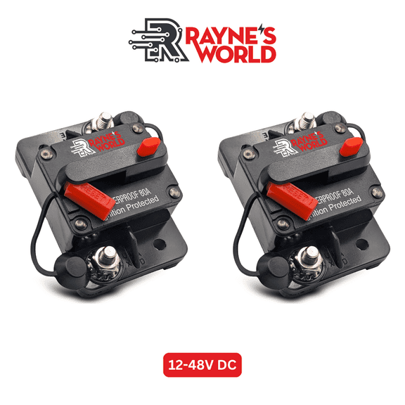 Rayne's World 80 Amp 12V-48V DC Waterproof Circuit Breaker Manual Reset - Car Stereo, RV, Solar Power, Marine, Trolling Motor - 2 Pack