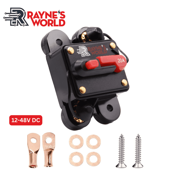 Rayne's World 20 Amp 12V-48V DC Waterproof Circuit Breaker with Connection Kit - Solar Power, Car Stereo, RV, Automotive, Marine, Trolling Motor
