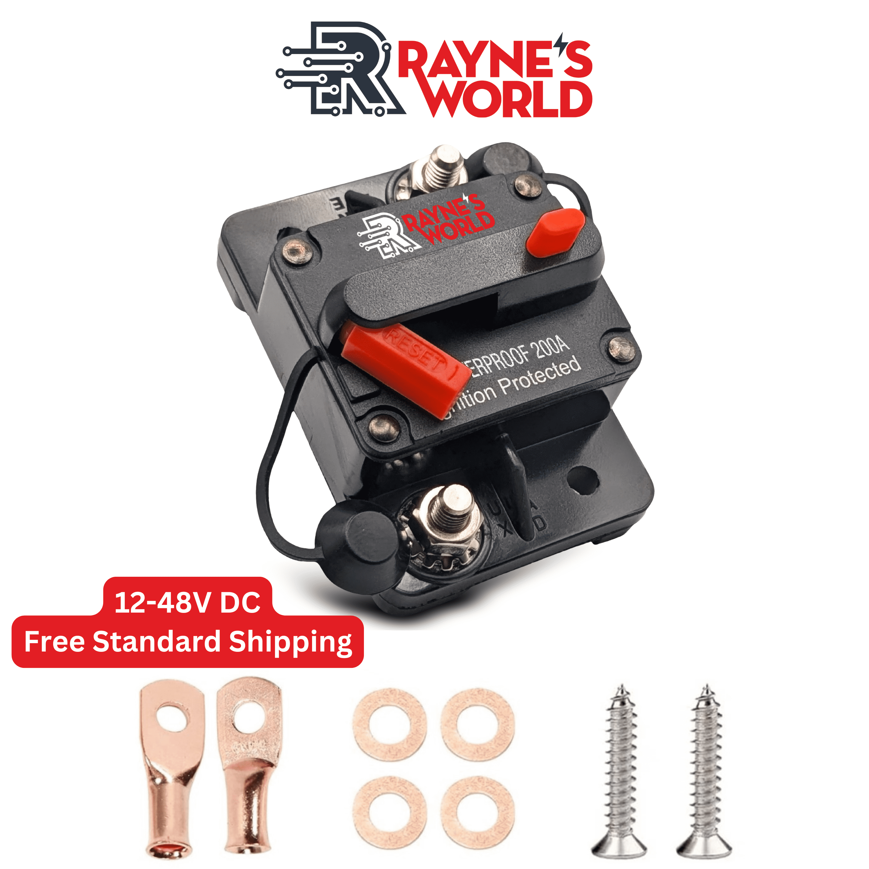 Rayne's World 200 Amp 12V-48V DC Waterproof Circuit Breaker with Connection Kit - Car Stereo, RV, Solar Power, Automotive, Marine, Trolling Motor