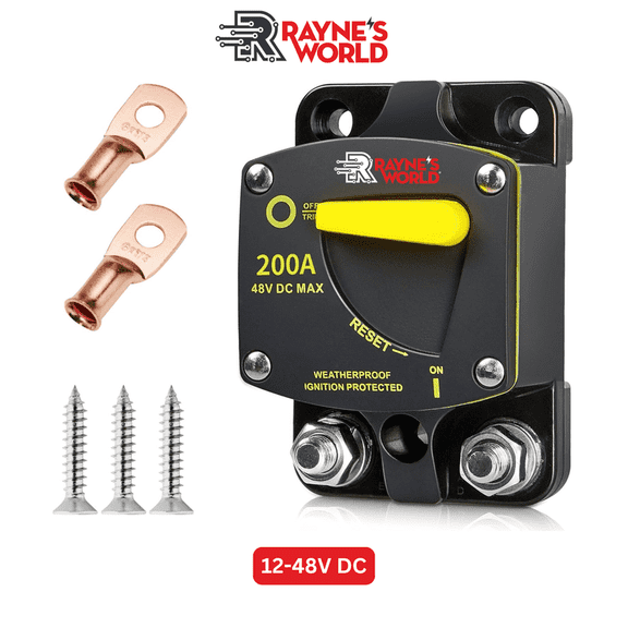 Rayne's World 200 Amp Heavy Duty Circuit Breaker DC 12-48V with Connection Kit - Car Audio, Marine, Truck, Trolling Motor, Stereo, RV, Solar Power