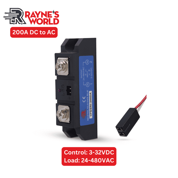 Rayne's World 200A DA (DC to AC) Industrial Solid State Relay Module, Single Phase SSR, 3–32VDC Control, 24–480VAC Load, Panel Mount, Industrial Automation Switch