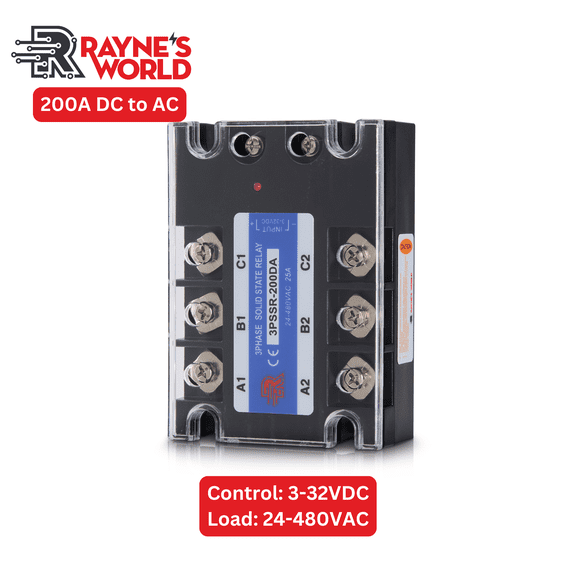 Rayne's World 200A DA (DC to AC) Solid State Relay Module, 3 Phase SSR, 3–32VDC Control, 24–480VAC Load, Panel Mount, Industrial Power Controller and Automation Switch