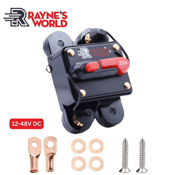 Rayne's World 250 Amp 12V-48V DC Waterproof Circuit Breaker with Connection Kit - Solar Power, Car Stereo, RV, Automotive, Marine, Trolling Motor