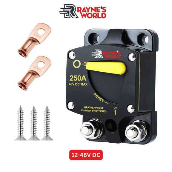 Rayne's World 250 Amp Heavy Duty Circuit Breaker DC 12-48V with Connection Kit - Car Audio, Marine, Truck, Trolling Motor, Stereo, RV, Solar Power