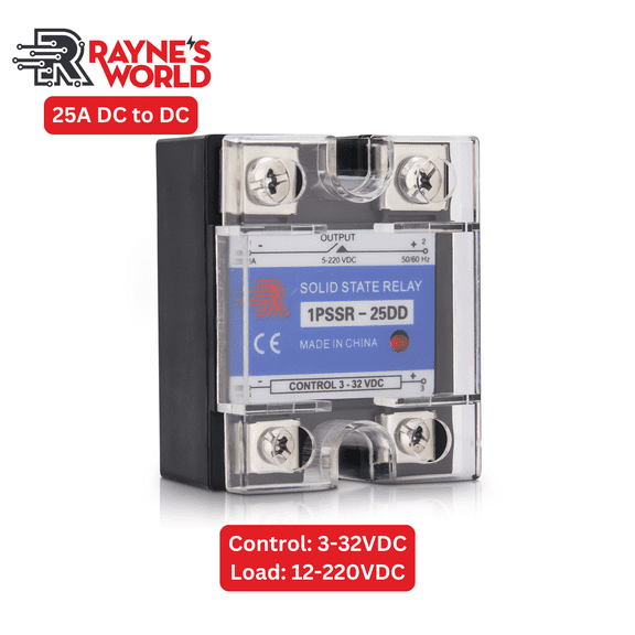 Rayne's World 25A DD (DC to DC) Solid State Relay Module, Single Phase SSR, 3–32VDC Control, 12-220VDC Load, Panel Mount, Industrial Automation Switch