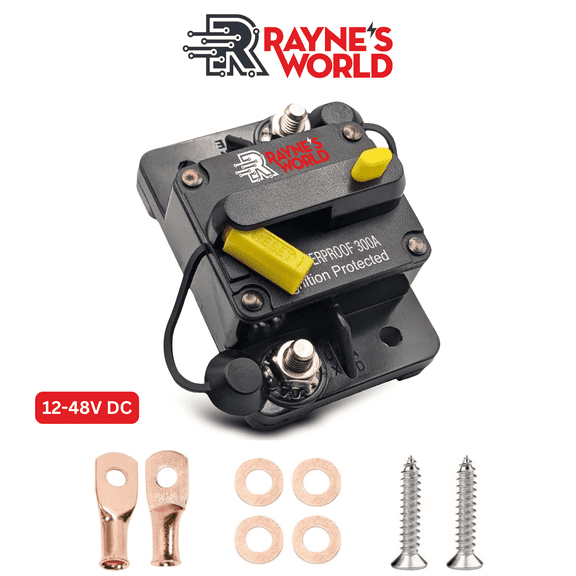 Rayne's World 300 Amp 12V-48V DC Waterproof Yellow Circuit Breaker with Connection Kit - Car Stereo, RV, Solar Power, Automotive, Marine