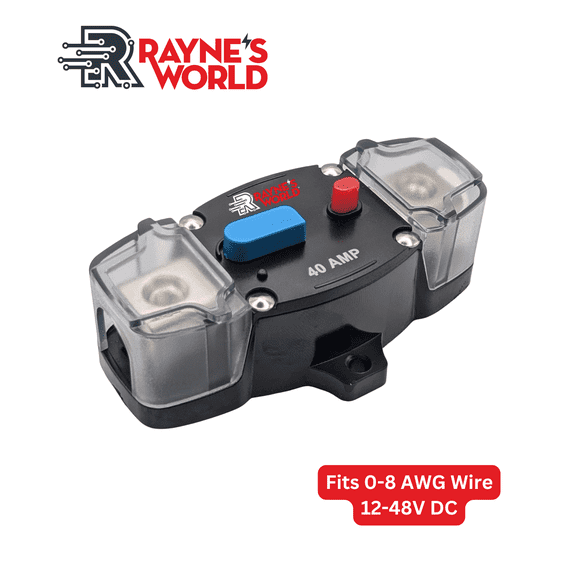 Rayne's World 40 Amp 12V-48V DC Inline Circuit Breaker with Covers & Manual Reset - Great for Car Audio/Stereo Systems, Solar Power Systems, Automotive, ATV, Marine, Boat Trolling Motors