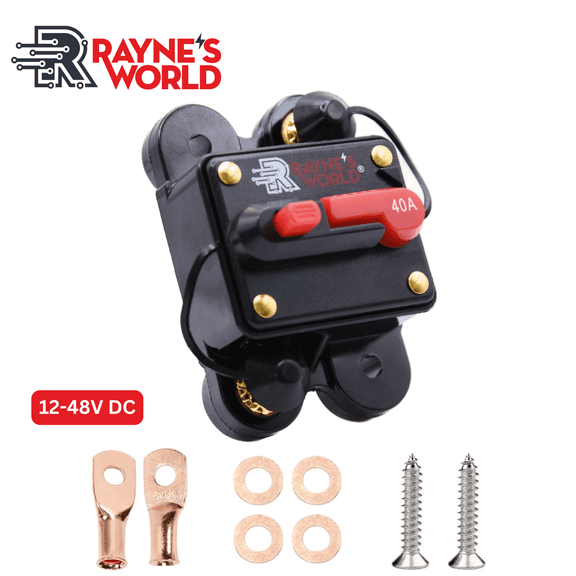 Rayne's World 40 Amp 12V-48V DC Waterproof Circuit Breaker with Connection Kit - Solar Power, Car Stereo, RV, Automotive, Marine, Trolling Motor