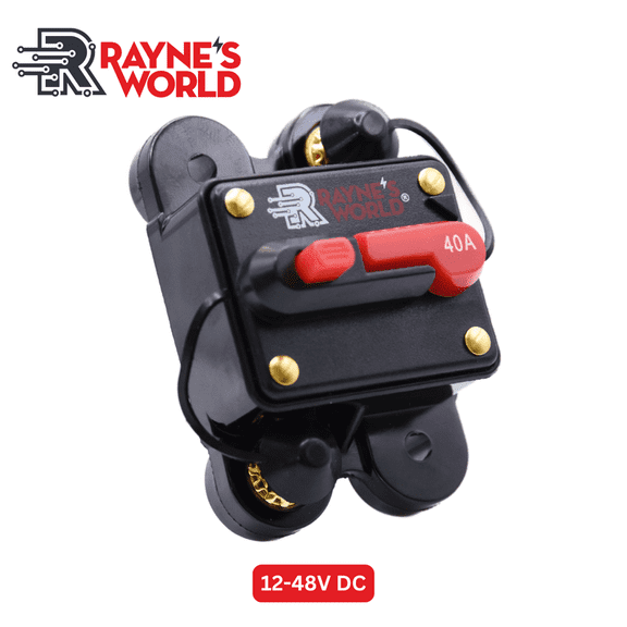 Rayne's World 40 Amp 12V-48V DC Waterproof Circuit Breaker with Manual Reset - Solar Power, Car Stereo, RV, Automotive, Marine, Trolling Motor