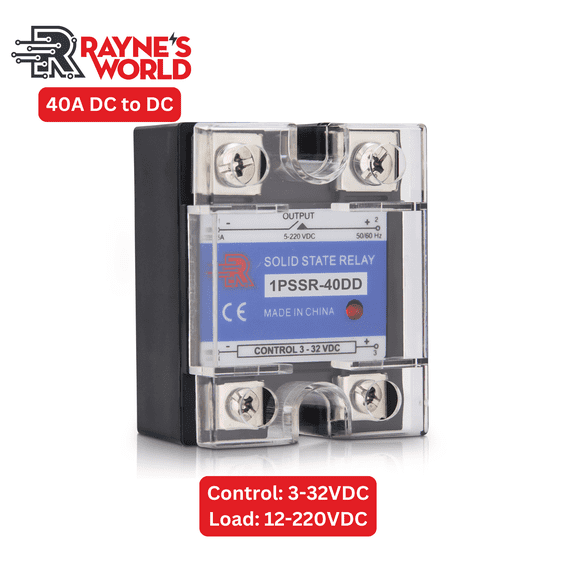 Rayne's World 40A DD (DC to DC) Solid State Relay Module, Single Phase SSR, 3–32VDC Control, 12-220VDC Load, Panel Mount, Industrial Automation Switch