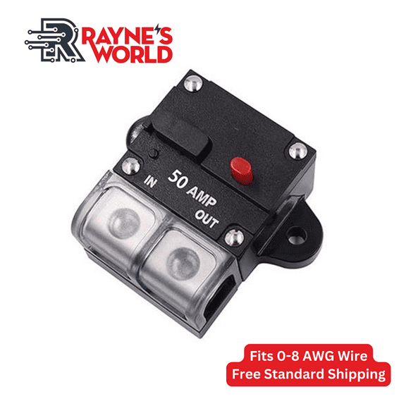 Rayne's World 50 Amp 12V-48V DC Inline Circuit Breaker with Dust Cover & Manual Reset - Great for Car Audio/Stereo Systems, Solar Power Systems, Automotive, ATV, Marine, Boat Trolling Motors