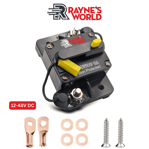 Rayne's World 50 Amp 12V-48V DC Waterproof Yellow Circuit Breaker with Connection Kit - Car Stereo, RV, Solar Power, Automotive, Marine