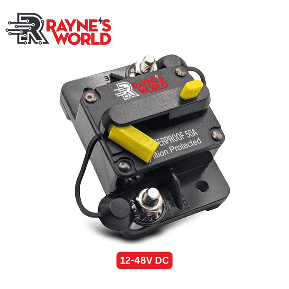 Rayne's World 50 Amp 12V-48V DC Waterproof Yellow Circuit Breaker Manual Reset - Car Stereo, RV, Solar Power, Automotive, Marine, Trolling Motor