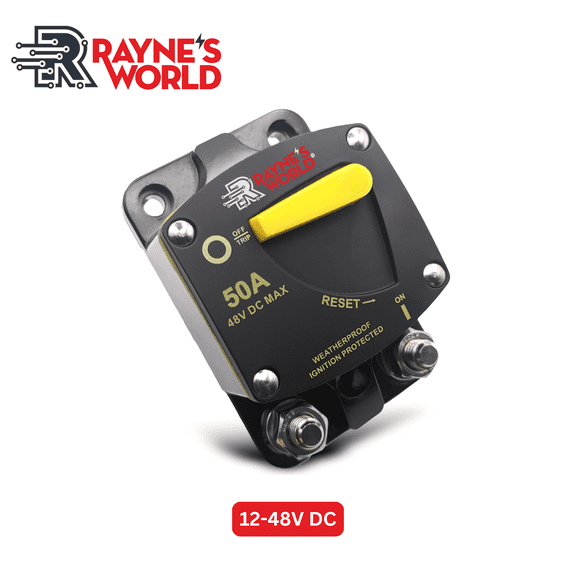 Rayne's World 50 Amp Heavy Duty Circuit Breaker Manual Reset DC 12-48V - Car Audio, Marine, Truck, Trolling Motor, Stereo, RV, Solar Power