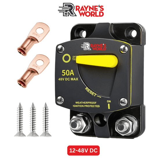 Rayne's World 50 Amp Heavy Duty Circuit Breaker DC 12-48V with Connection Kit - Car Audio, Marine, Truck, Trolling Motor, Stereo, RV, Solar Power