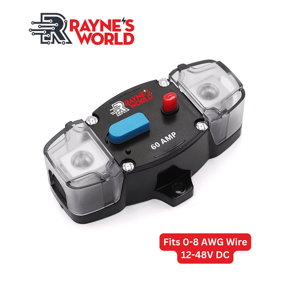 Rayne's World 60 Amp 12V-48V DC Inline Circuit Breaker with Covers & Manual Reset - Great for Car Audio/Stereo Systems, Solar Power Systems, Automotive, ATV, Marine, Boat Trolling Motors