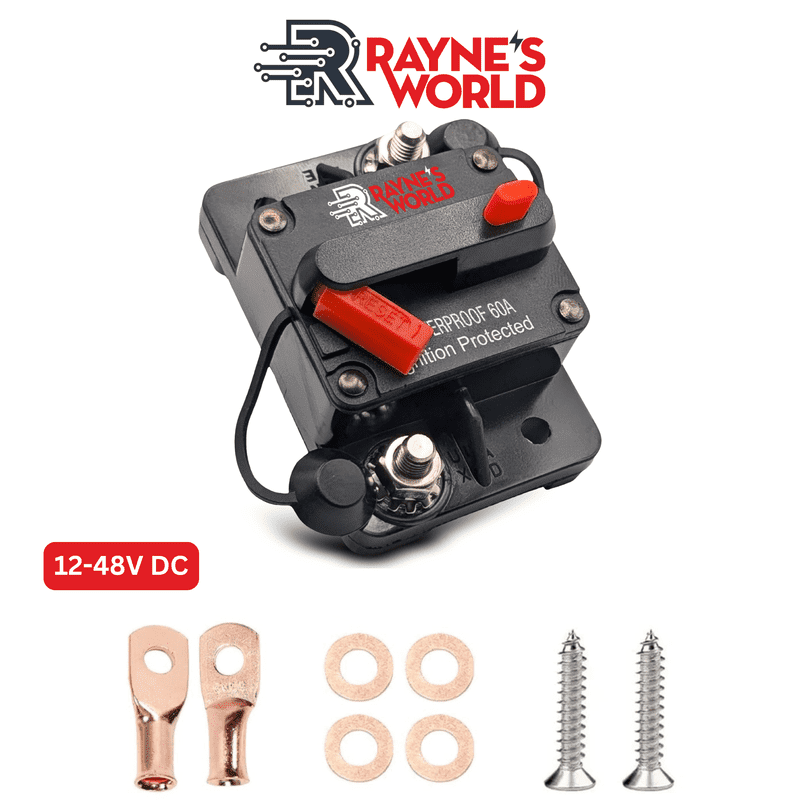 Rayne's World 60 Amp 12V-48V DC Waterproof Circuit Breaker with Connection Kit - Car Stereo, RV, Solar Power, Automotive, Marine, Trolling Motor
