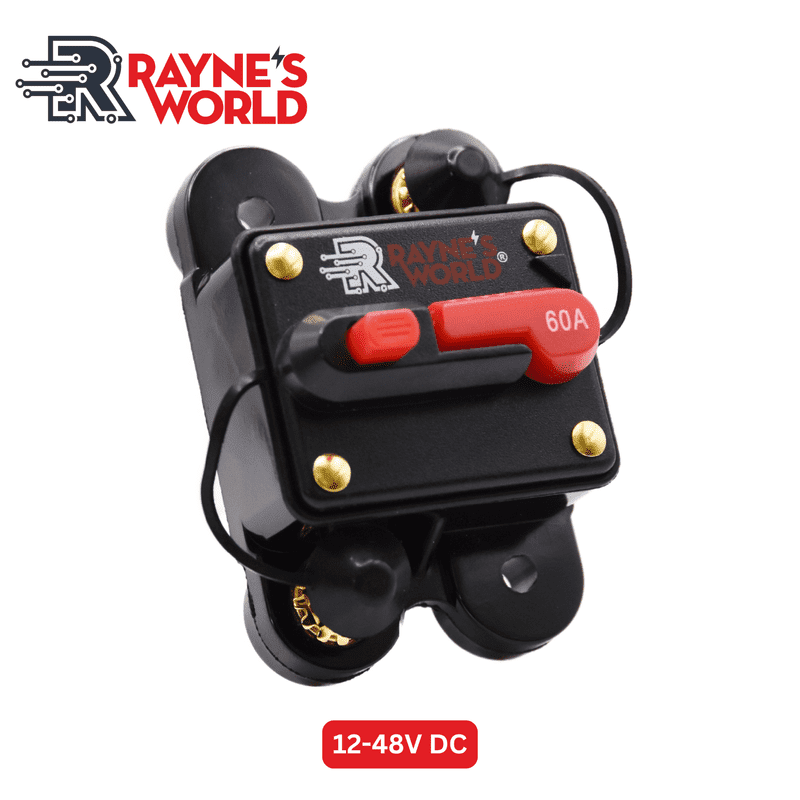 Rayne's World 60 Amp 12V-48V DC Waterproof Circuit Breaker with Manual Reset - Solar Power, Car Stereo, RV, Automotive, Marine, Trolling Motor