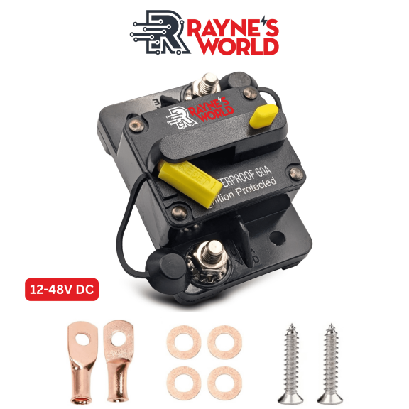 Rayne's World 60 Amp 12V-48V DC Waterproof Yellow Circuit Breaker with Connection Kit - Car Stereo, RV, Solar Power, Automotive, Marine