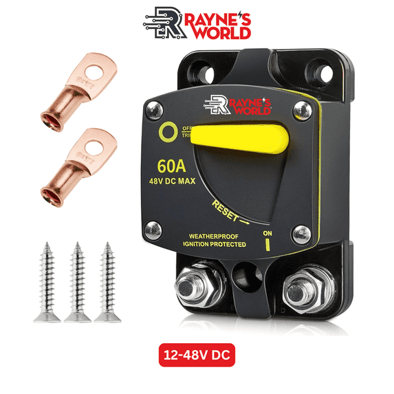 Rayne's World 60 Amp Heavy Duty Circuit Breaker DC 12-48V with Connection Kit - Car Audio, Marine, Truck, Trolling Motor, Stereo, RV, Solar Power