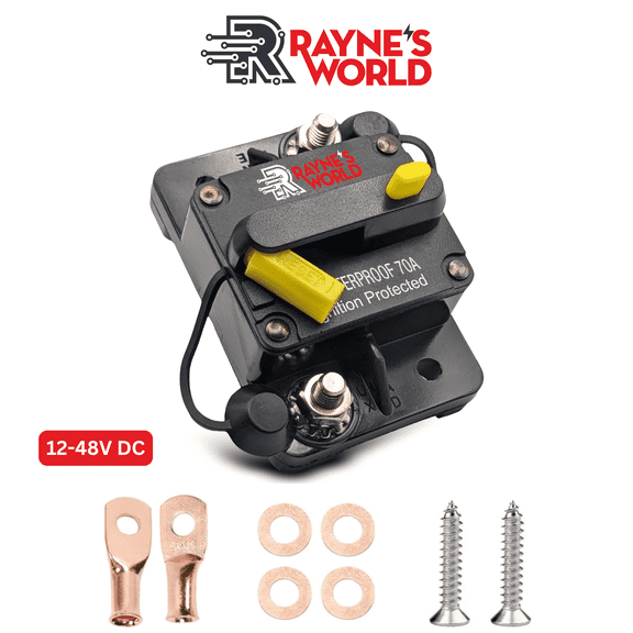 Rayne's World 70 Amp 12V-48V DC Waterproof Yellow Circuit Breaker with Connection Kit - Car Stereo, RV, Solar Power, Automotive, Marine