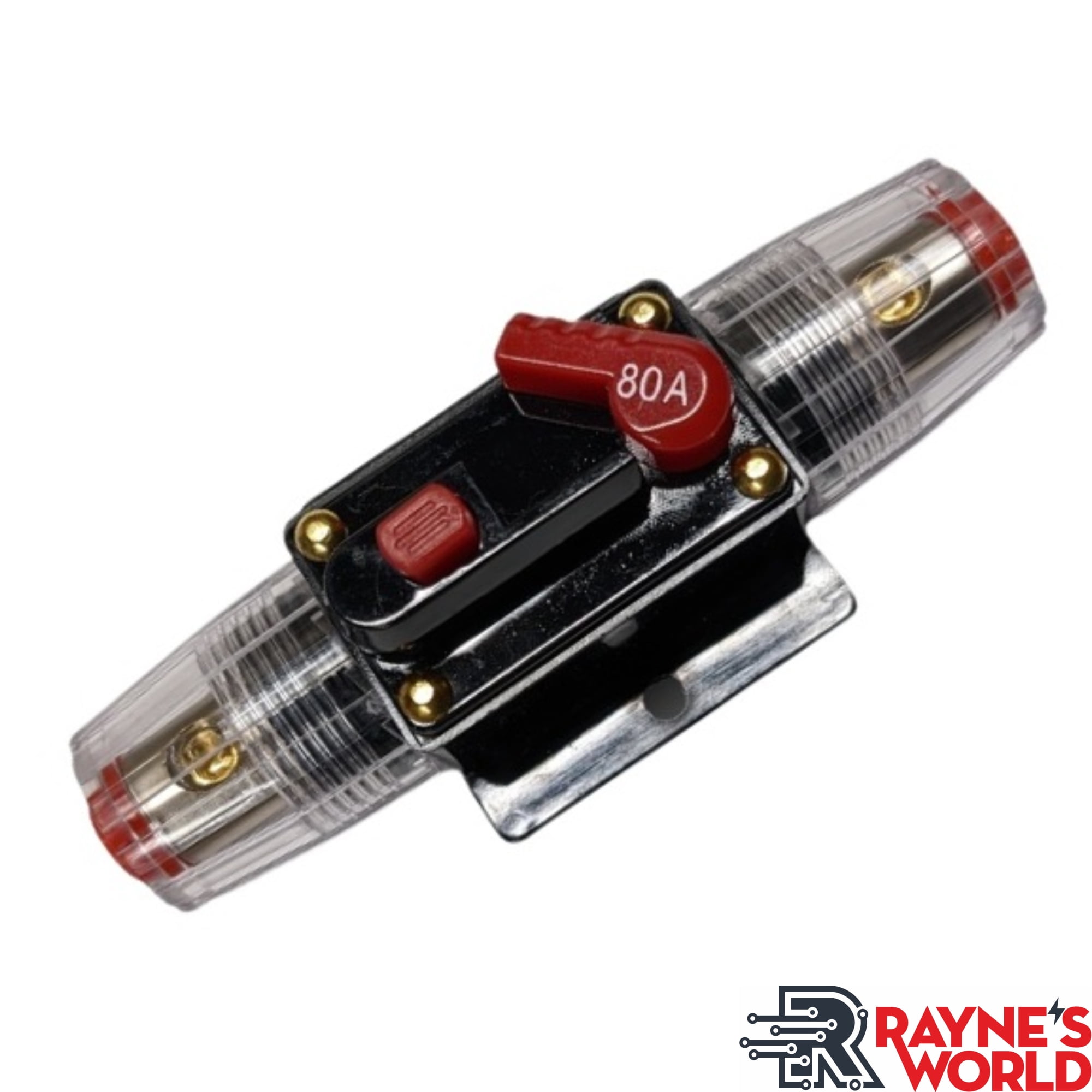 Rayne's World 80 Amp 12V-48V DC Inline Waterproof Circuit Breaker Manual Reset - Great for Car Stereo, Solar Power Systems, Automotive, ATV, Marine, Boat Trolling Motors