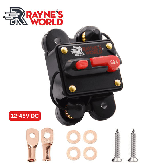 Rayne's World 80 Amp 12V-48V DC Waterproof Circuit Breaker with Connection Kit - Solar Power, Car Stereo, RV, Automotive, Marine, Trolling Motor