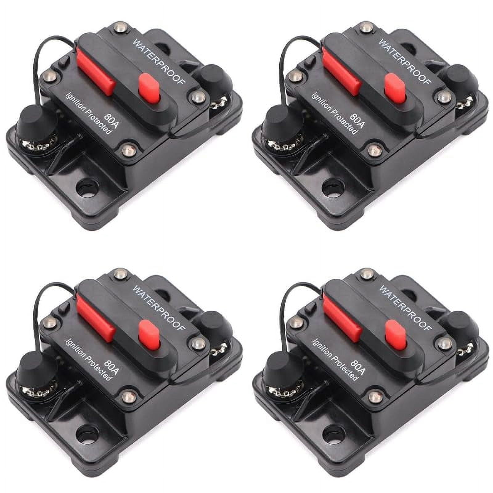 Rayne's World 80 Amp (4 Pack) 12V-48V DC Waterproof Circuit Breaker Manual Reset - Great for Car Stereo, Solar Power Systems, Automotive, ATV, Marine, Boat Trolling Motors