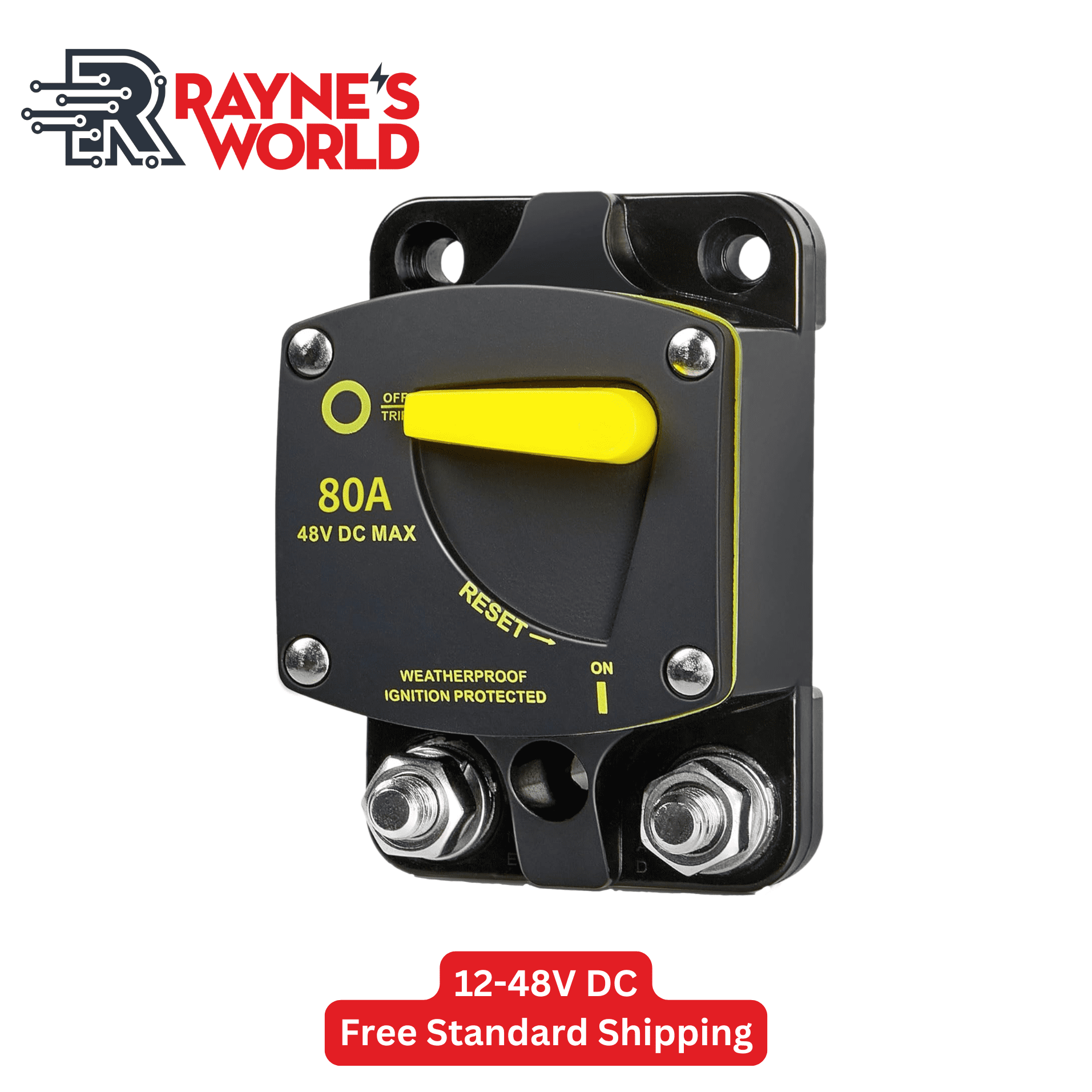 Rayne's World 80 Amp Heavy Duty Circuit Breaker Manual Reset DC 12-48V - Car Audio, Marine, Truck, Trolling Motor, Stereo, RV, Solar Power