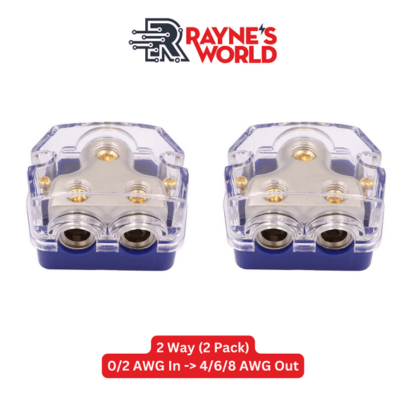 Rayne's World Blue 2 Way Power Distribution Block 0-4 AWG in 4-8 AWG Out for Wiring in Cars, Boats, RVs | For use with Ground or Power wires - 2 Pack