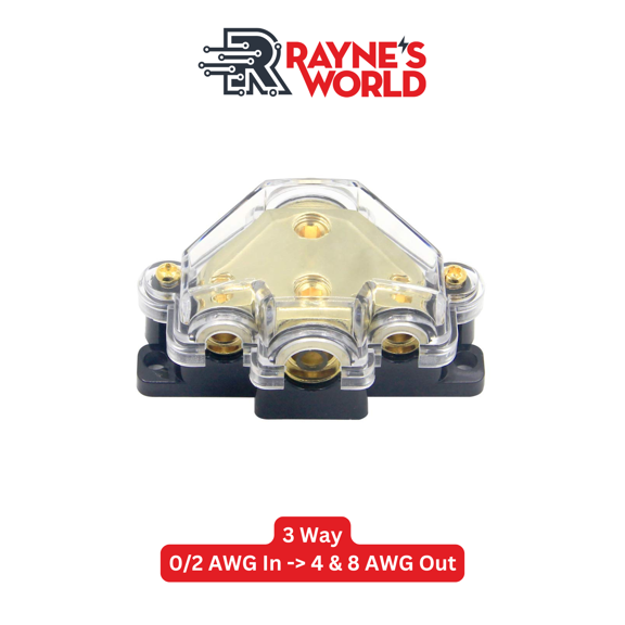 Rayne's World Gold 3 Way Power Distribution Block 0-4 AWG in 4-10 AWG Out for Wiring in Cars, Boats, Campers | For use with Ground or Power wires